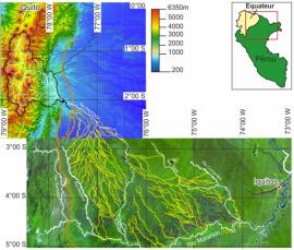 Réseau hydrographique passé et présent du Rio Pastaza (Equateur-Pérou). Le Rio Pastaza prend sa source au nord-ouest dans les Andes d'Equateur (bassin versant limité par un trait noir). Les cours d'eau actuels sont en blanc. L'ensemble des cours adopté par le Rio Pastaza depuis le DMG sont en jaune. Les lignes dentelées oranges sont les failles actives du front subandin.