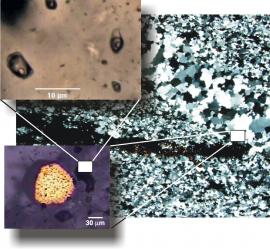 Photos de microscopie optique à transmission et à réflexion d’une veine de quartz et pyrite (image de fond) provenant d’un gisement d’or orogénique de Madagascar comportant des graines d’or millimétriques (image en bas à gauche) et des inclusions fluides microscopiques (image en haut à gauche). Ces inclusions triphasées, piégées par les cristaux de quartz en même temps que précipitent les grains d’or, sont constituées de CO2 liquide, CO2 vapeur et H2O liquide. Elles témoignent de la présence d’un fluide supercritique aurifère très riche en CO2 (jusqu’à 70 pds%) qui a transporté et déposé l’or à haute température et pression. © Stefano Salvi, GET