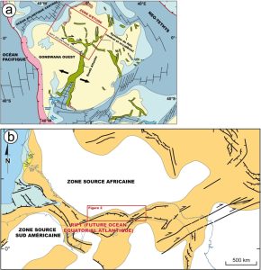 a) Carte des systèmes de rifts Africains et Sud-Américains (en vert) autour de 120 Ma pendant l’éclatement du continent Gondwana. b) Carte paléogéographique de la zone d’étude (Afrique fixe) à l’Aptien (120-115 Ma) montrant les structures de déformation principales et les domaines de sédimentation (orange : continentale ; jaune : deltaïque ; bleu clair : marine peu profonde ; bleu foncé : marine profonde). La ligne de rivage actuelle est indiquée en bleu.